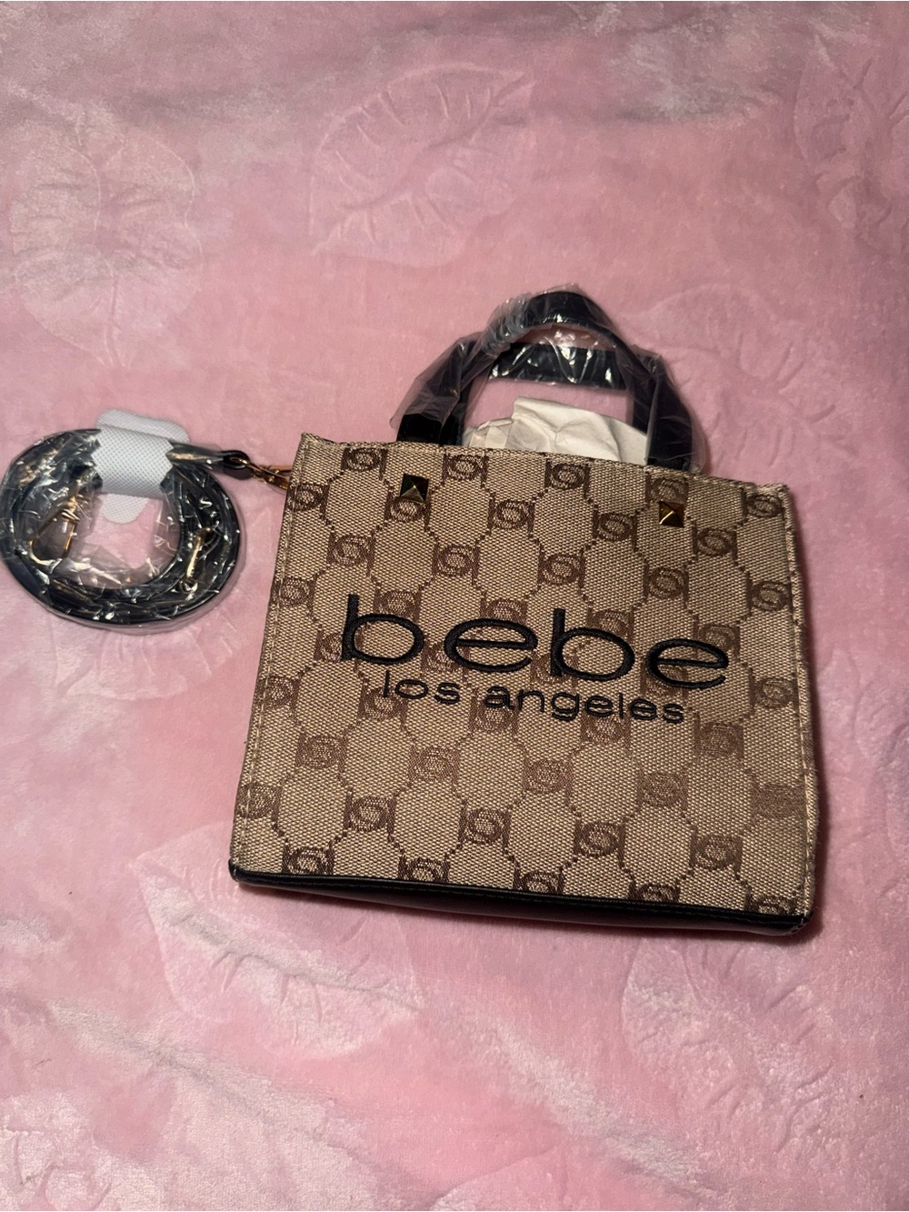 bebe Talulla Mini Satchel Logo & Stud Accents Zip Top Handle Beige & Black purse